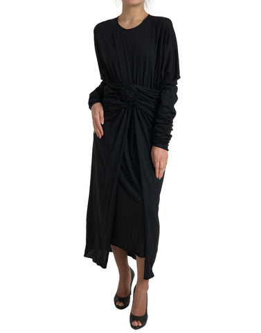 Black wool wrap sheath midi gown dress by Dolce & Gabbana, featuring a sleek silhouette and elegant design.