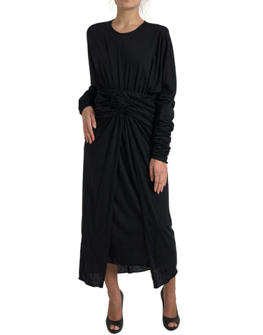 Black wool wrap sheath midi gown dress by Dolce & Gabbana, featuring a fitted silhouette and elegant design.