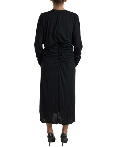 Black wool wrap sheath midi gown dress by Dolce & Gabbana, featuring a fitted silhouette and elegant design.