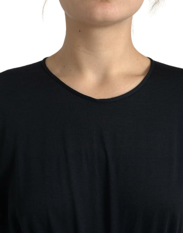Black wool wrap sheath midi gown dress by Dolce & Gabbana, featuring a fitted silhouette and elegant design.