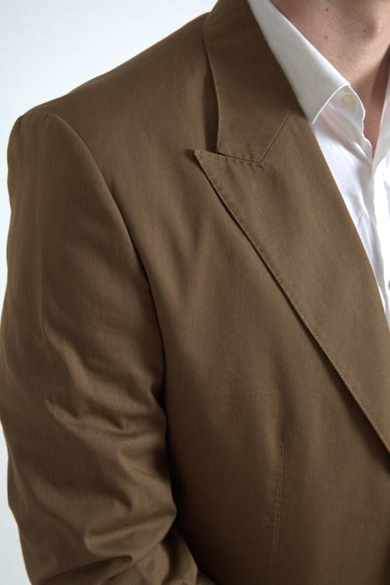 Brown Dolce & Gabbana 2-piece single-breasted Taormina suit displayed on a mannequin, showcasing tailored fit and classic style.
