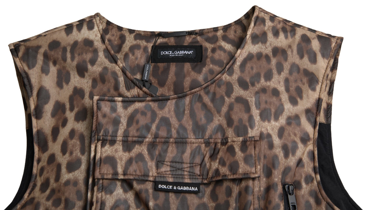 Brown leopard silk sleeveless sportswear top by Dolce & Gabbana, featuring a stylish animal print and smooth silk fabric.
