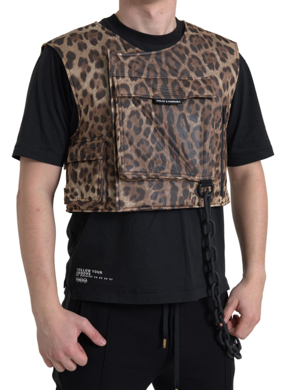 Brown leopard silk sleeveless sportswear top by Dolce & Gabbana with a sleek, fitted design and stylish animal print fabric.