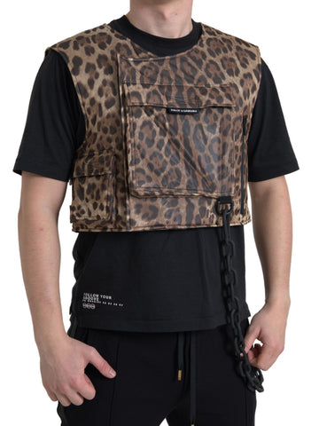 Brown leopard silk sleeveless sportswear top by Dolce & Gabbana with a sleek, fitted design and stylish animal print fabric.