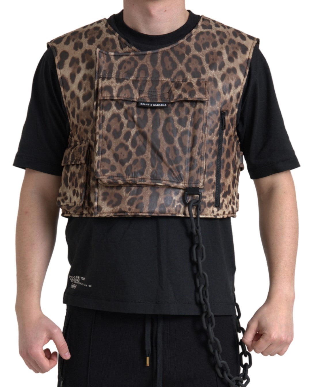 Brown leopard silk sleeveless sportswear top by Dolce & Gabbana, featuring a stylish animal print and smooth silk fabric.