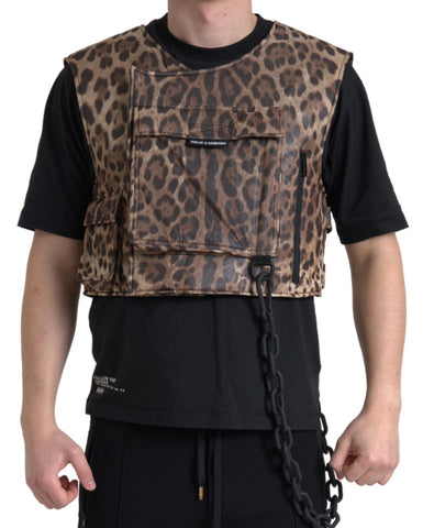 Brown leopard silk sleeveless sportswear top by Dolce & Gabbana, featuring a stylish animal print and smooth silk fabric.
