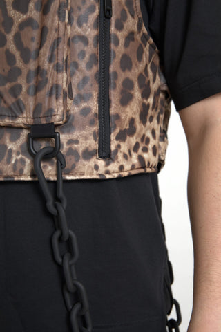 Brown leopard silk sleeveless sportswear by Dolce & Gabbana, featuring a stylish, lightweight design with a bold animal print.