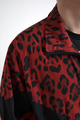 Red leopard print nylon full zip sweater by Dolce & Gabbana, featuring a stylish full zipper and vibrant animal pattern.