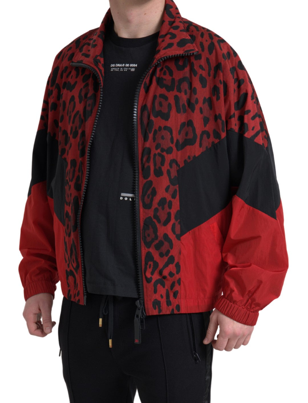 Red leopard print nylon full zip sweater by Dolce & Gabbana, featuring a stylish animal pattern and casual zip-up design.