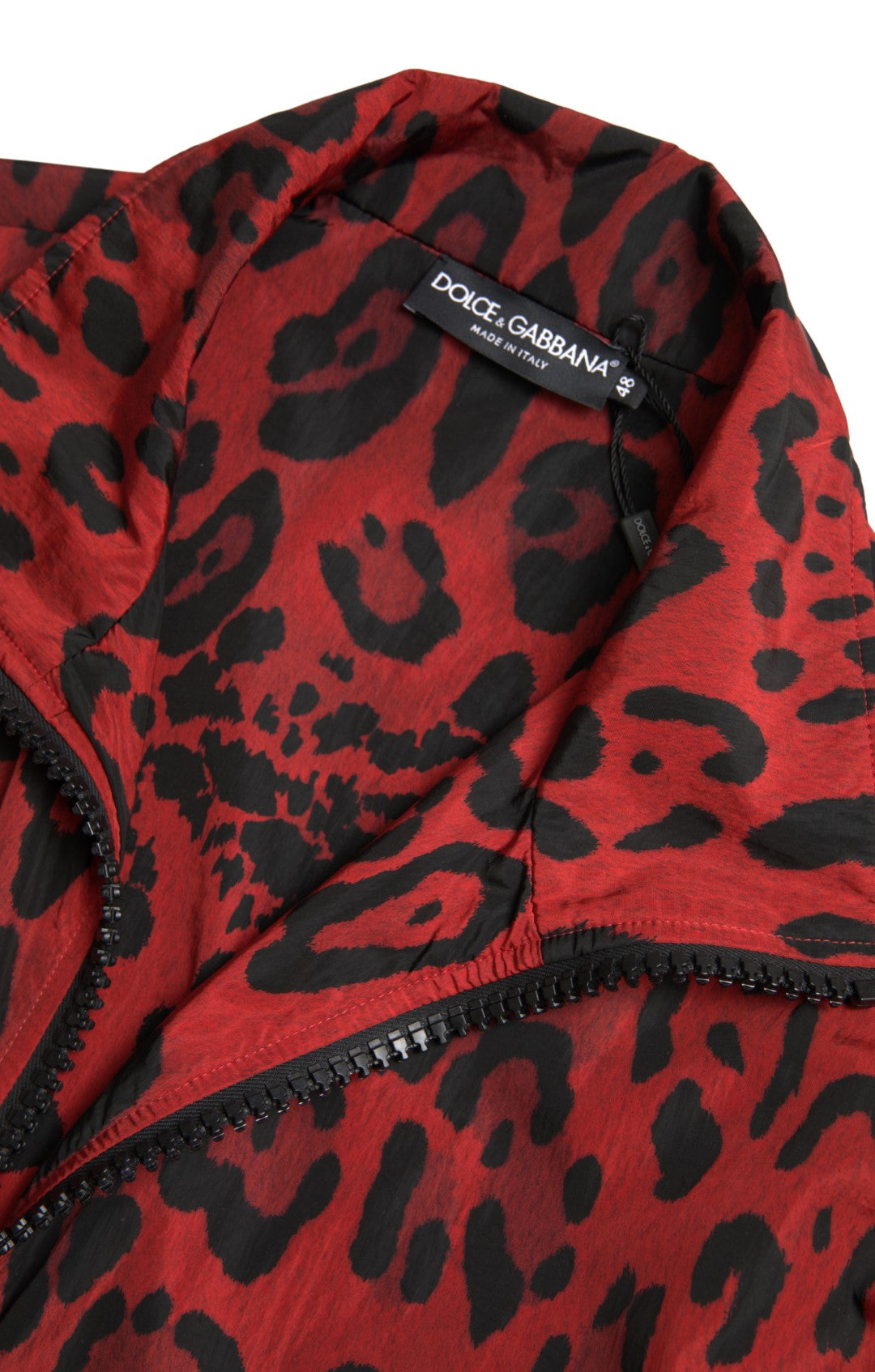 Red leopard print nylon full-zip sweater by Dolce & Gabbana, featuring a stylish full zipper and bold animal pattern.