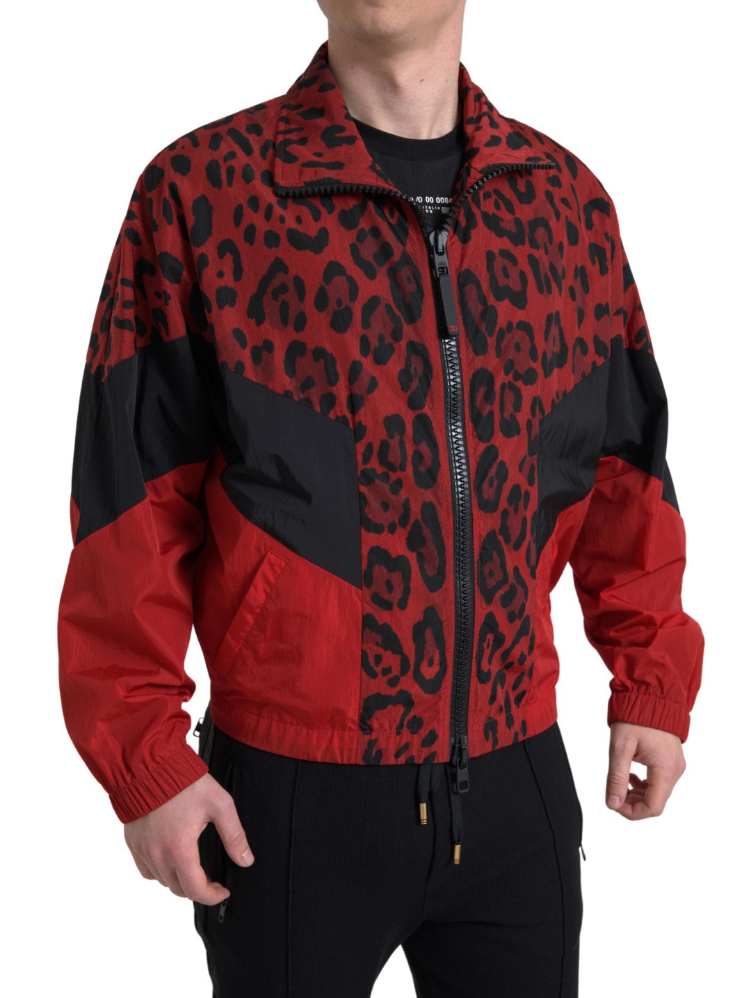 Red leopard print nylon full-zip sweater by Dolce & Gabbana, featuring a stylish design and a full-length zipper.