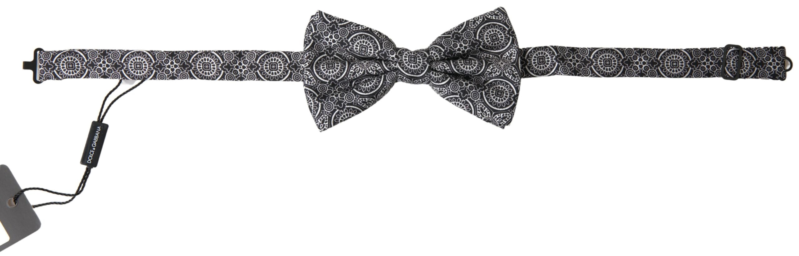 Black and white patterned adjustable neck bow tie by Dolce & Gabbana, featuring elegant papillon style and classic design.