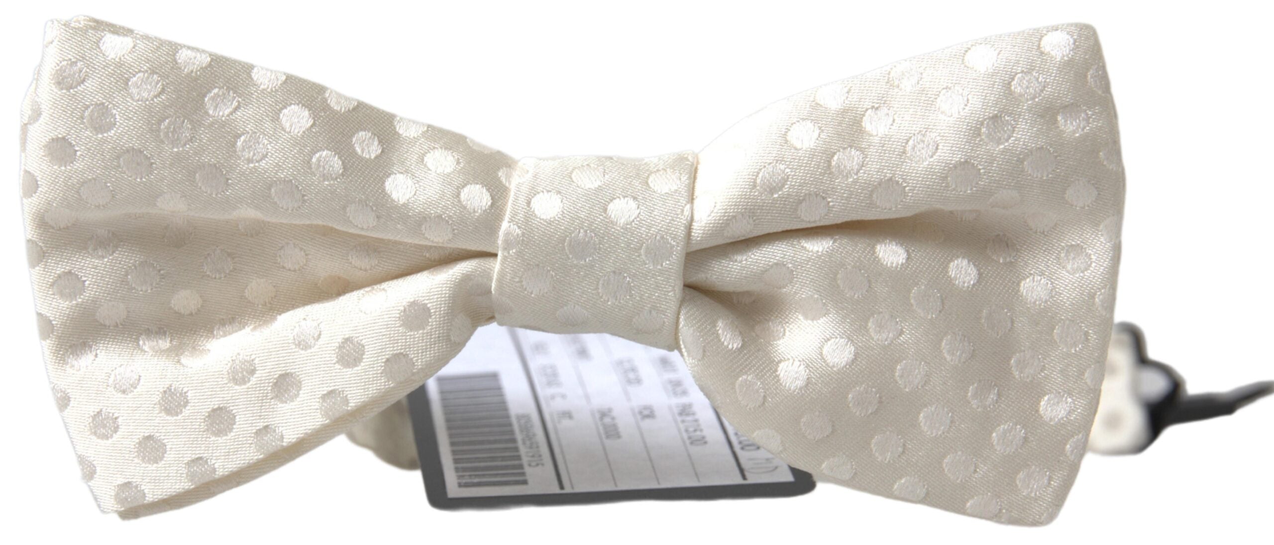 Ivory fantasy pattern adjustable neck papillon bow tie by Dolce & Gabbana, featuring intricate design and classic bow shape.