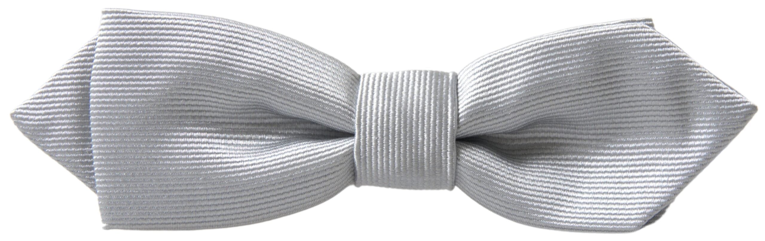 Gray silk adjustable men's neck bow tie with papillon style from Dolce & Gabbana, shown hanging against a neutral background.