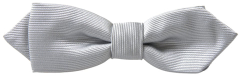Gray silk adjustable men's neck bow tie with papillon style from Dolce & Gabbana, shown hanging against a neutral background.
