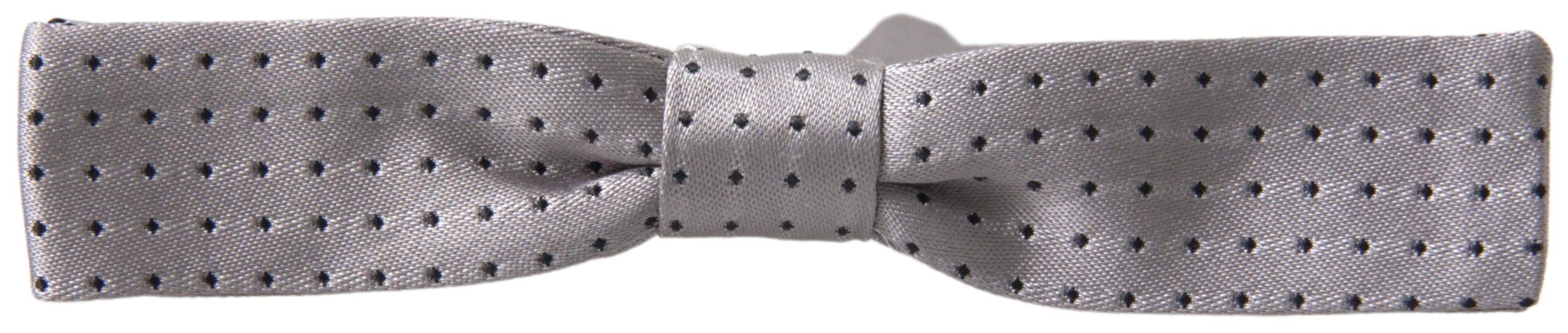 Gray dotted silk adjustable men's neck bow tie with papillon style by Dolce & Gabbana, shown on a white background.