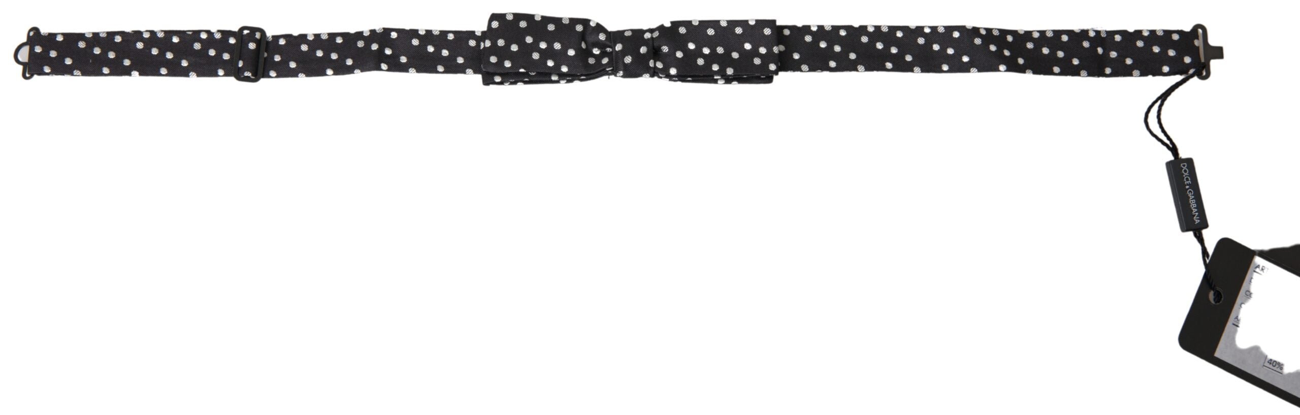 Black polka dot silk adjustable men's bow tie with a papillon style, designed by Dolce & Gabbana.