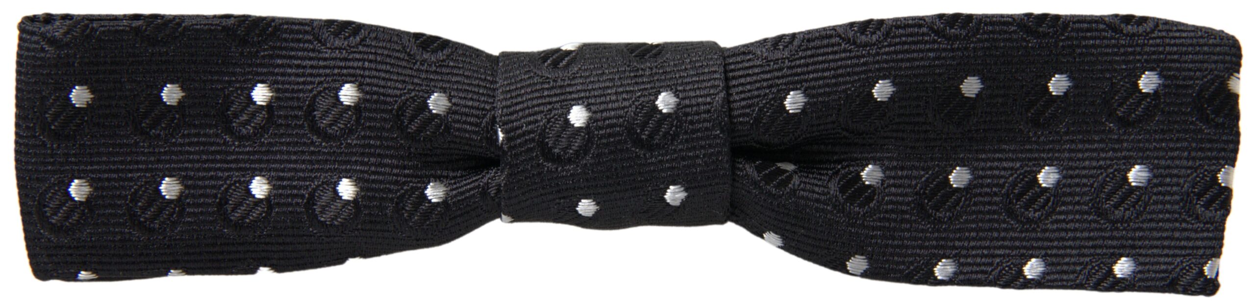 Black silk polka dot men's adjustable bow tie with papillon style, designed by Dolce & Gabbana, shown in the image.
