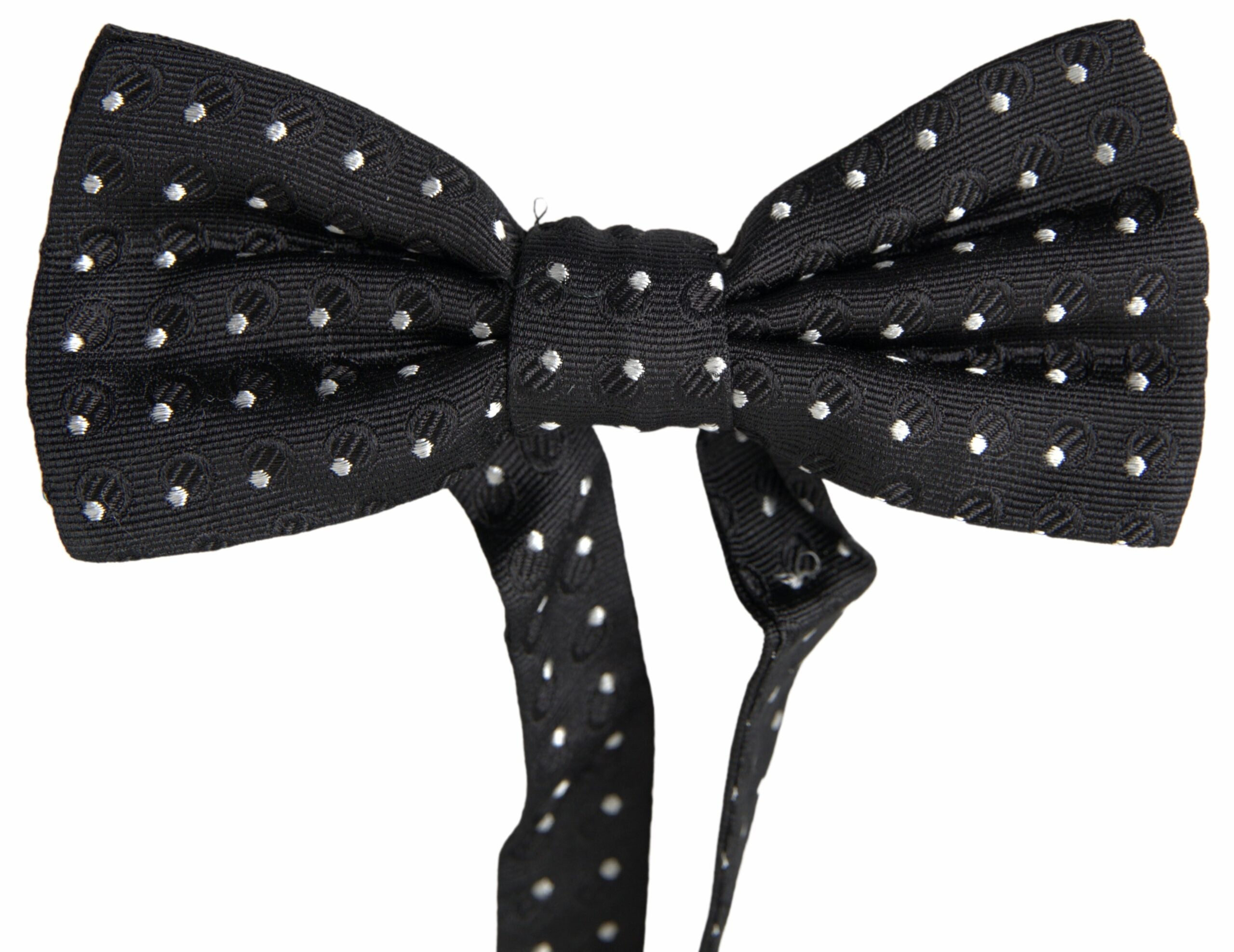 Black polka dot silk adjustable men's bow tie with a papillon style, from Dolce & Gabbana, featuring a classic and elegant design.