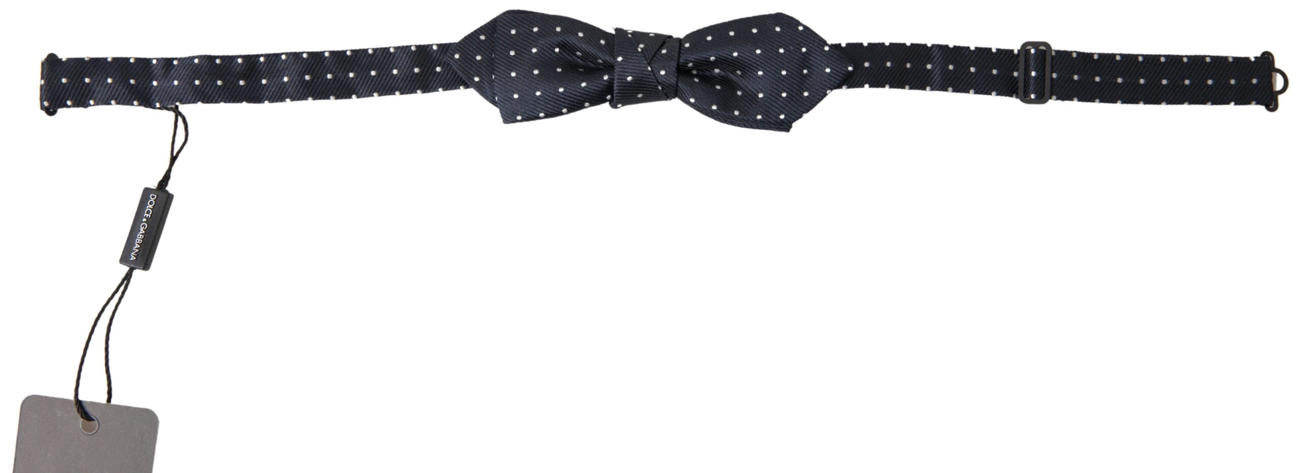 Blue polka dot silk men's adjustable bow tie with a papillon style by Dolce & Gabbana, shown in close-up detail.
