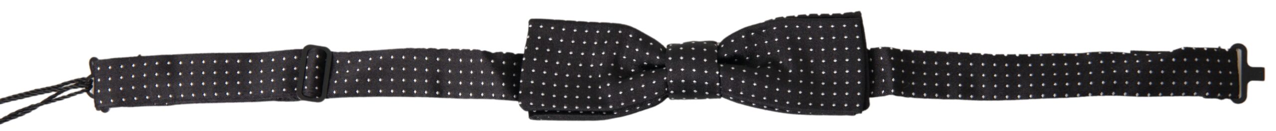 Black silk polka dot adjustable men's bow tie with a papillon style, designed by Dolce & Gabbana, displayed on a plain background.