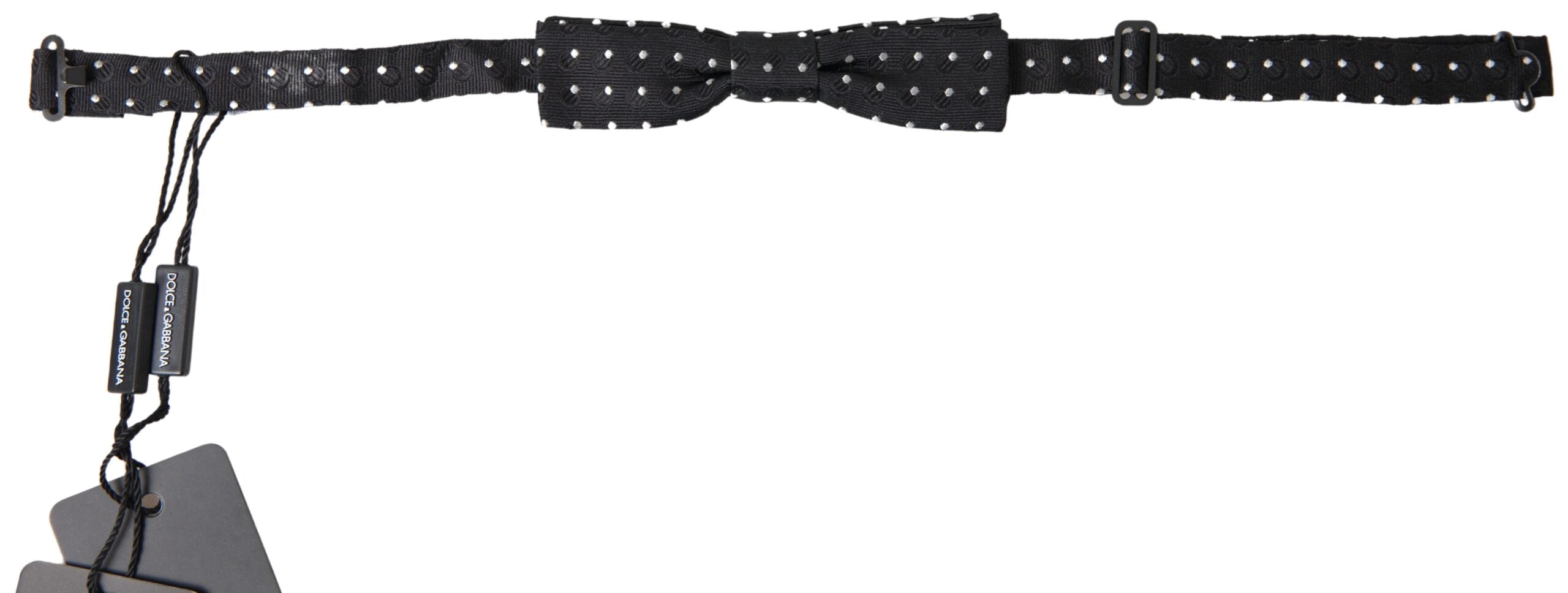 Black polka dot silk adjustable men's bow tie with a papillon style, designed by Dolce & Gabbana.