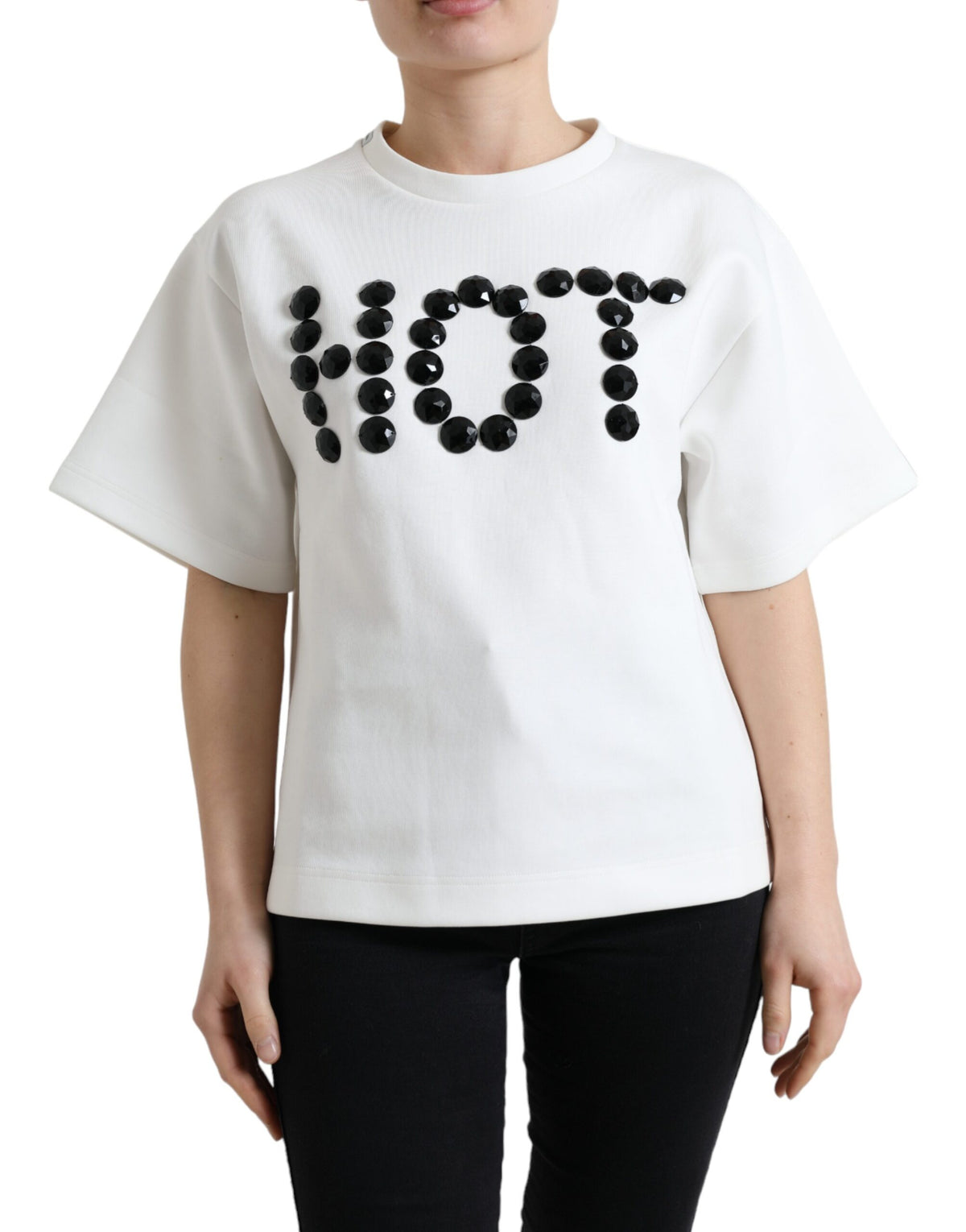 White cotton stretch T-shirt by Dolce & Gabbana with black HOT crystal accents, casual and stylish for everyday wear.
