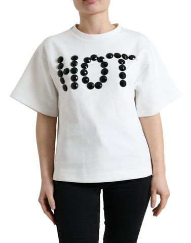 White cotton stretch T-shirt by Dolce & Gabbana with black HOT crystal accents, casual and stylish for everyday wear.
