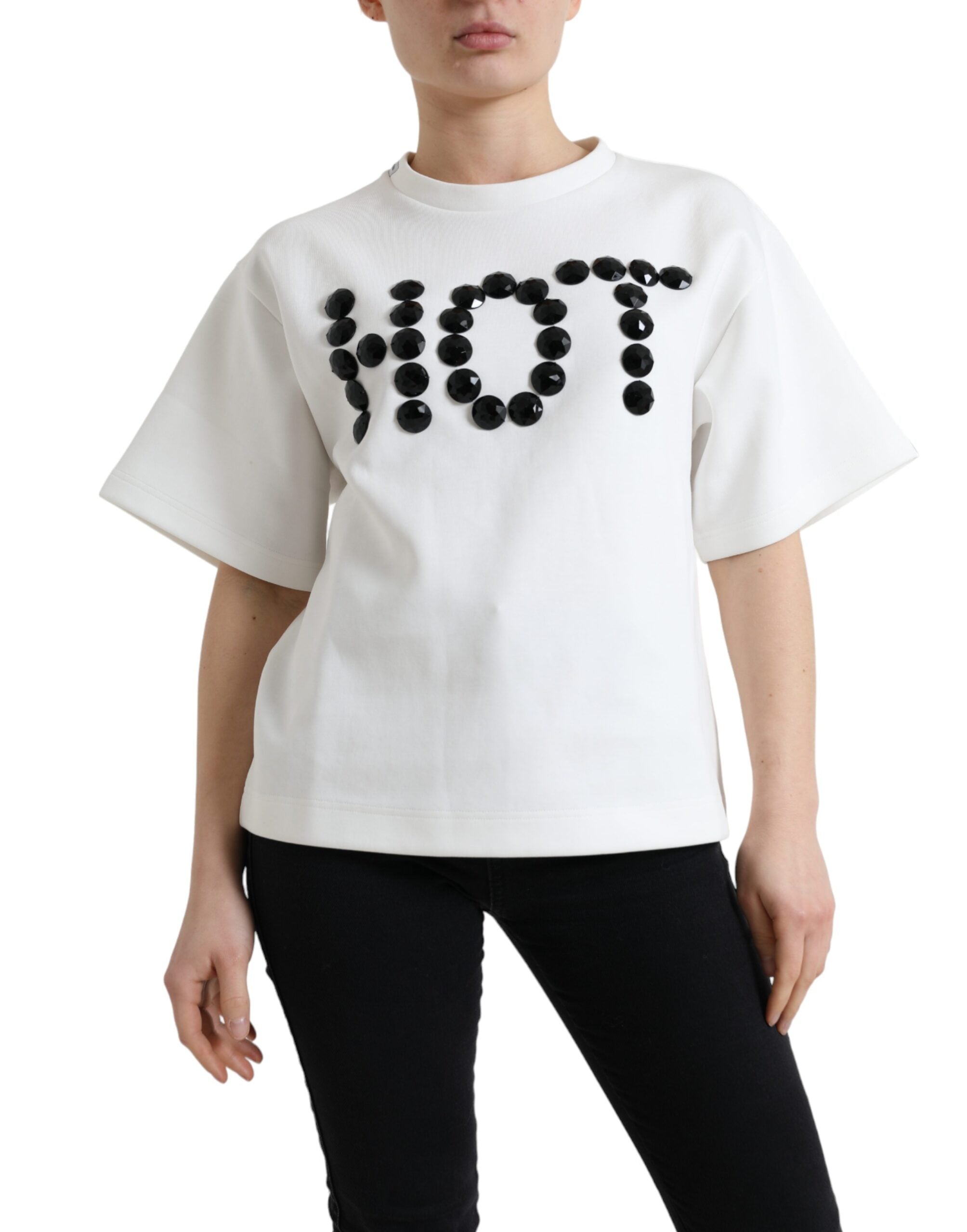White cotton stretch T-shirt by Dolce & Gabbana with black HOT crystal accents, casual and stylish men's top.