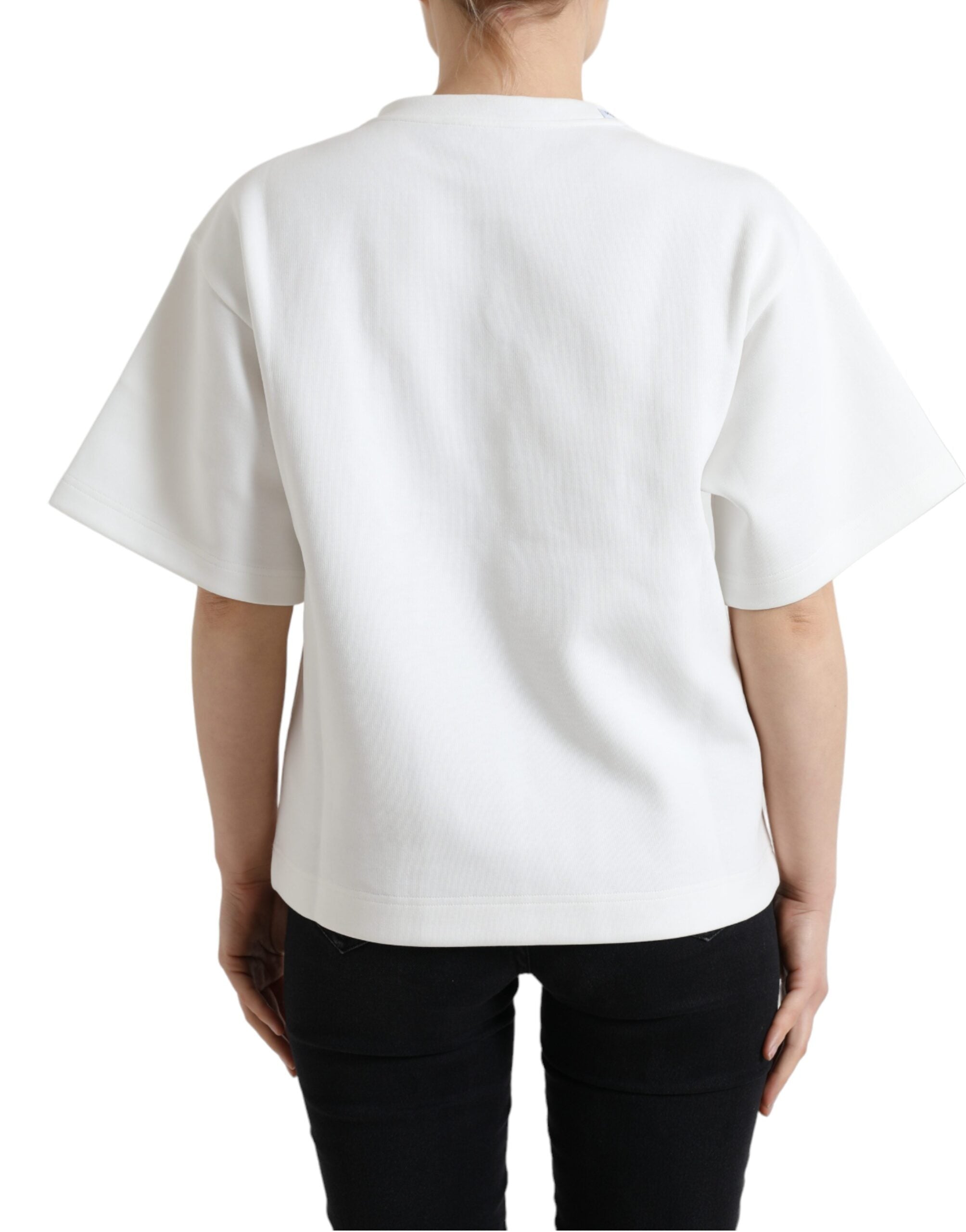 White cotton stretch T-shirt with black HOT crystal details by Dolce & Gabbana, shown on a plain background.