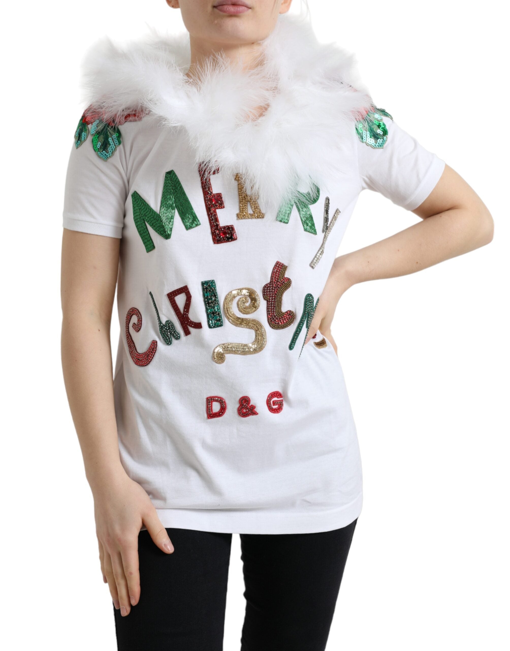 White cotton Christmas sequin fur T-shirt by Dolce & Gabbana featuring festive sequin embellishments and soft fur accents.