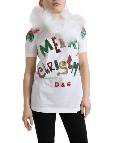 White cotton Christmas sequin fur T-shirt by Dolce & Gabbana showing festive design with sequins and soft fur accents.