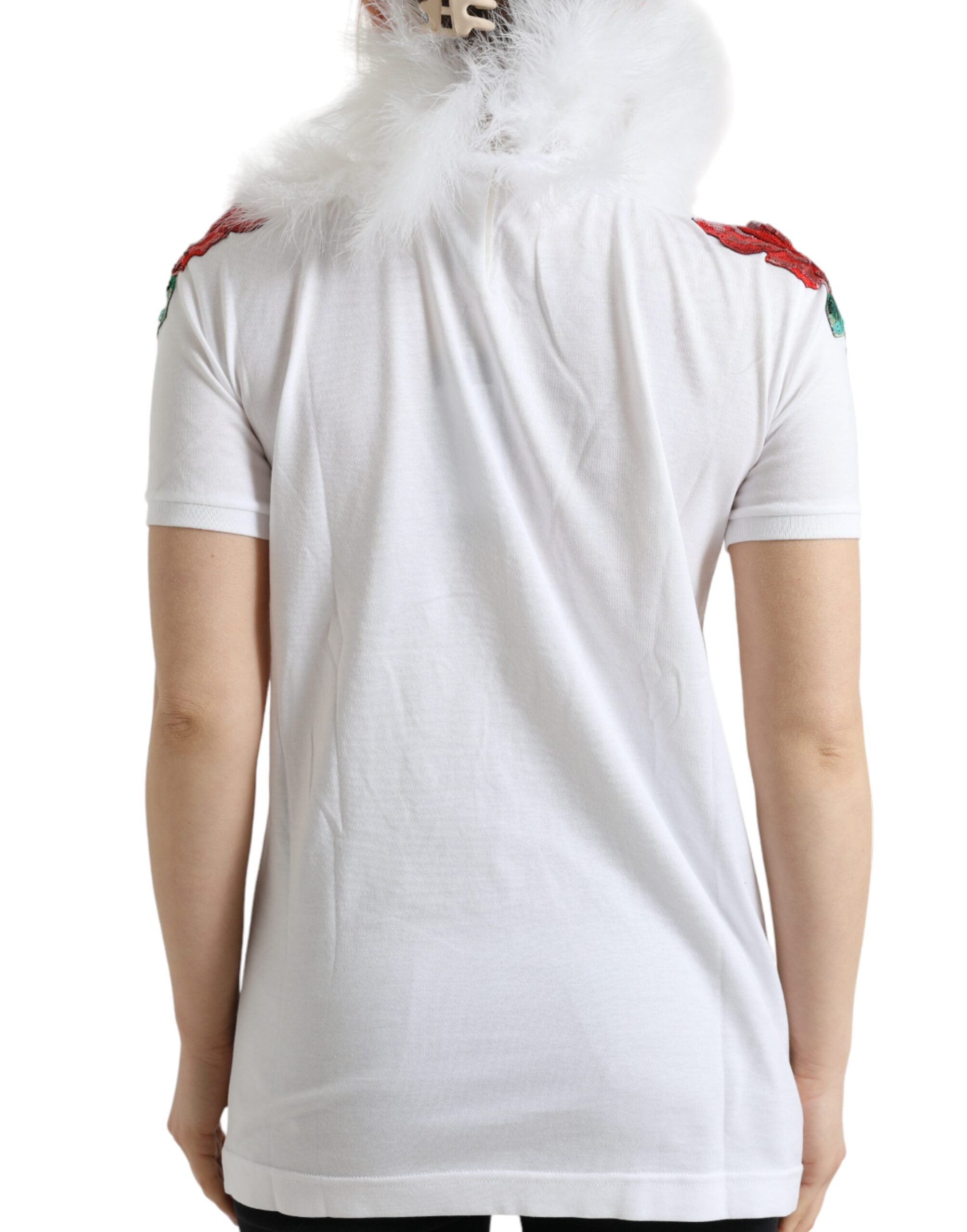 White cotton Christmas sequin fur T-shirt by Dolce & Gabbana with festive sequin details and soft fur accents.