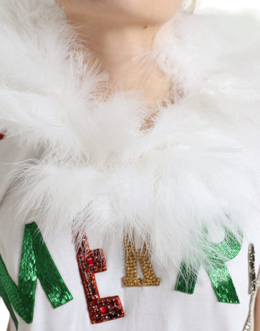 White cotton Christmas sequin fur T-shirt by Dolce & Gabbana, featuring festive sequin accents and soft fur details.