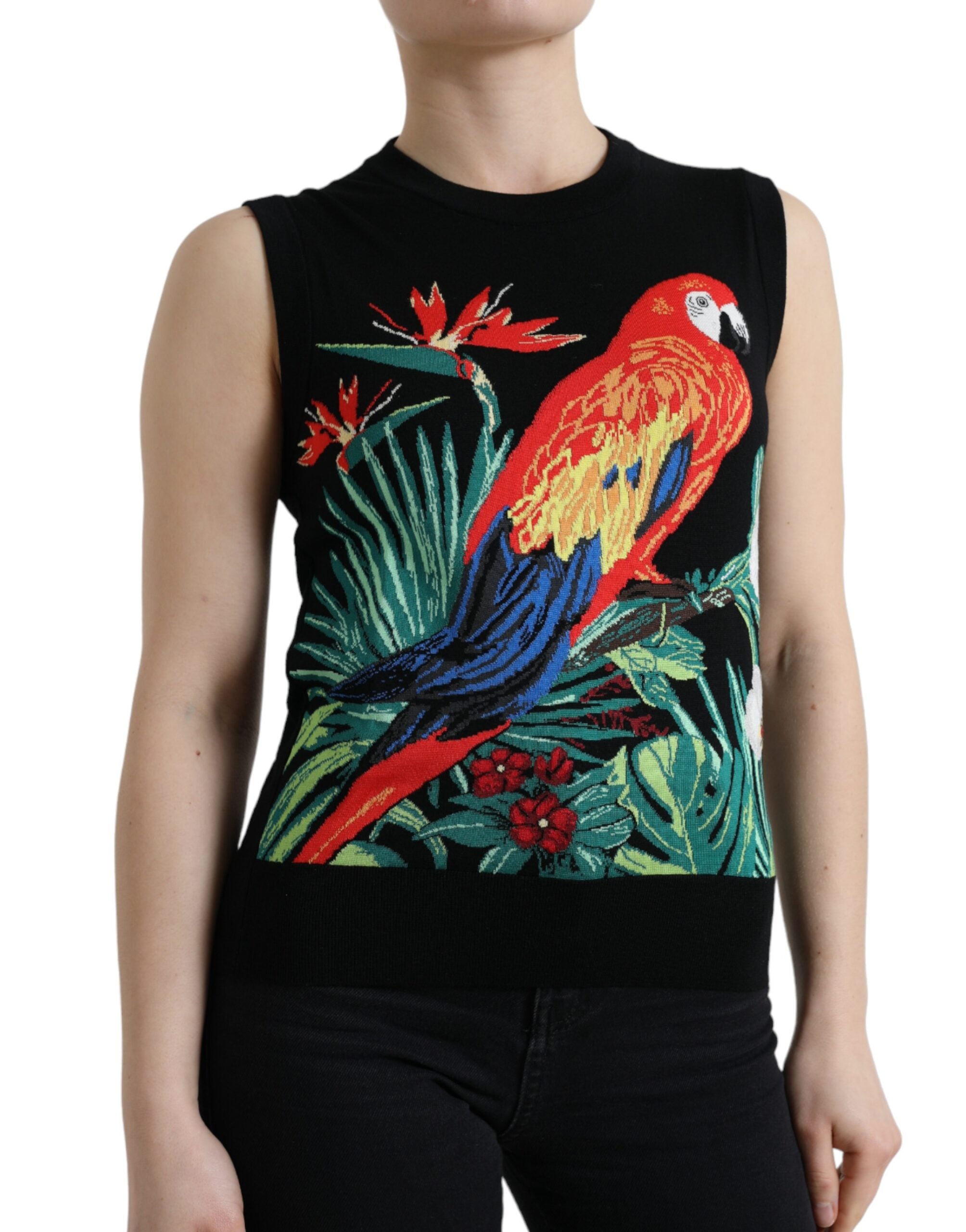 Black wool knit sleeveless tank T-shirt by Dolce & Gabbana, featuring a fitted silhouette and seamless design.