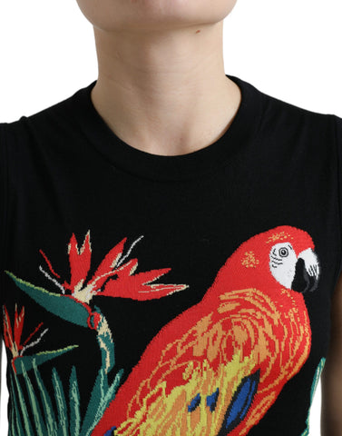 Black Wool Knit Sleeveless Tank T-Shirt by Dolce & Gabbana, featuring a fitted design and sleeveless style in a sleek black color.
