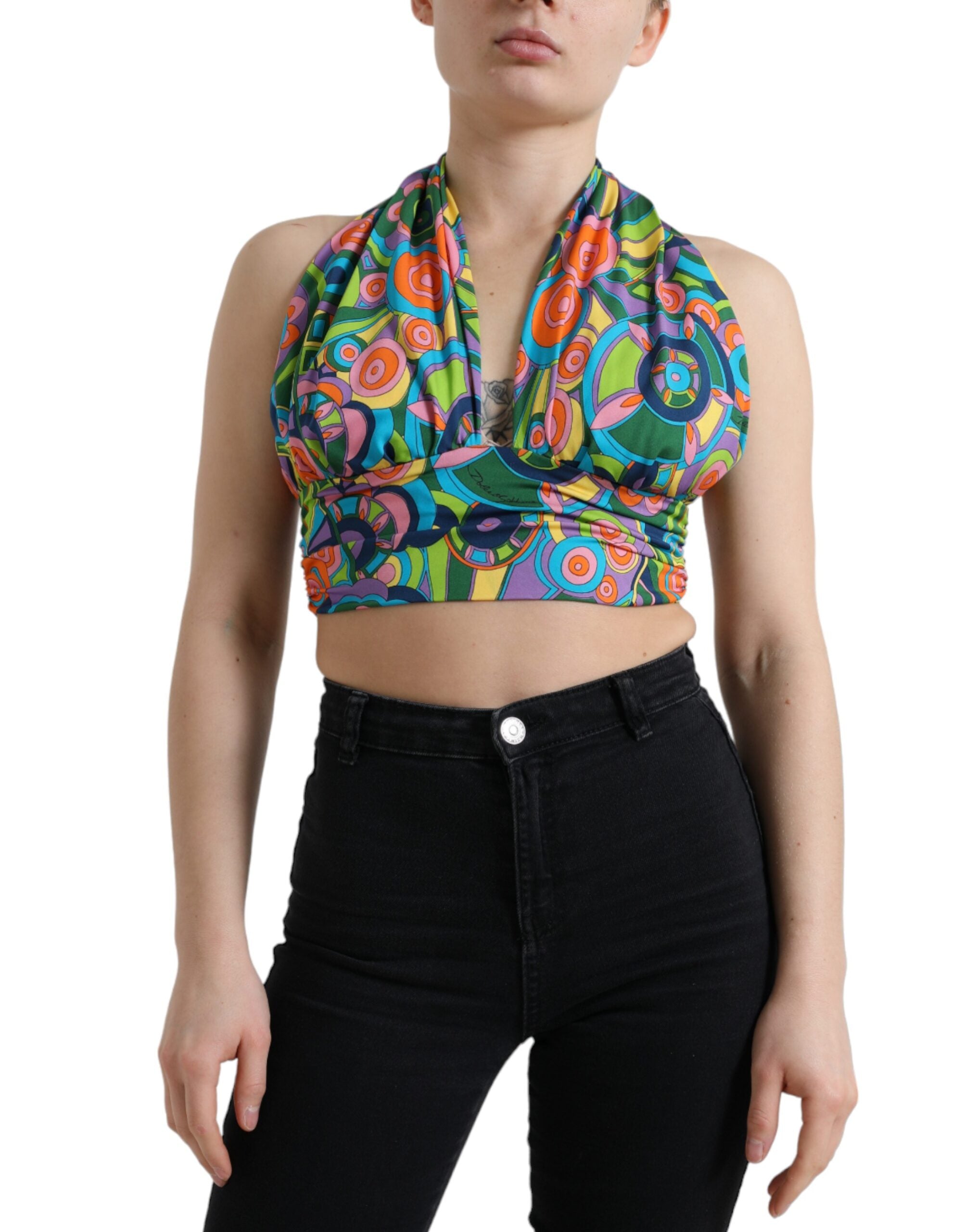 Multicolor halter sleeveless cropped tank top by Dolce & Gabbana, featuring vibrant colors and a stylish halter neckline.
