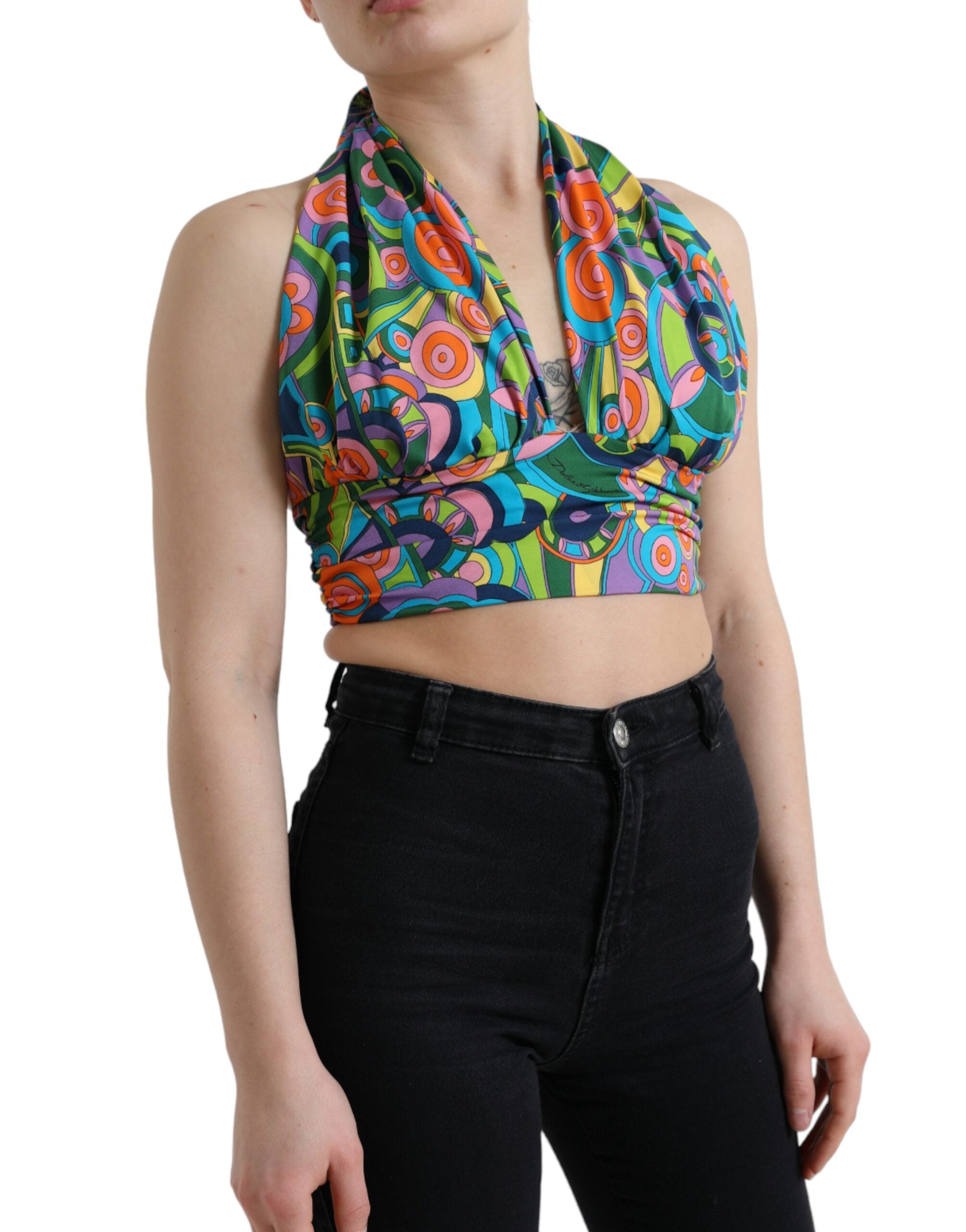 Multicolor halter sleeveless cropped tank top by Dolce & Gabbana, featuring vibrant patterns and a fitted style.