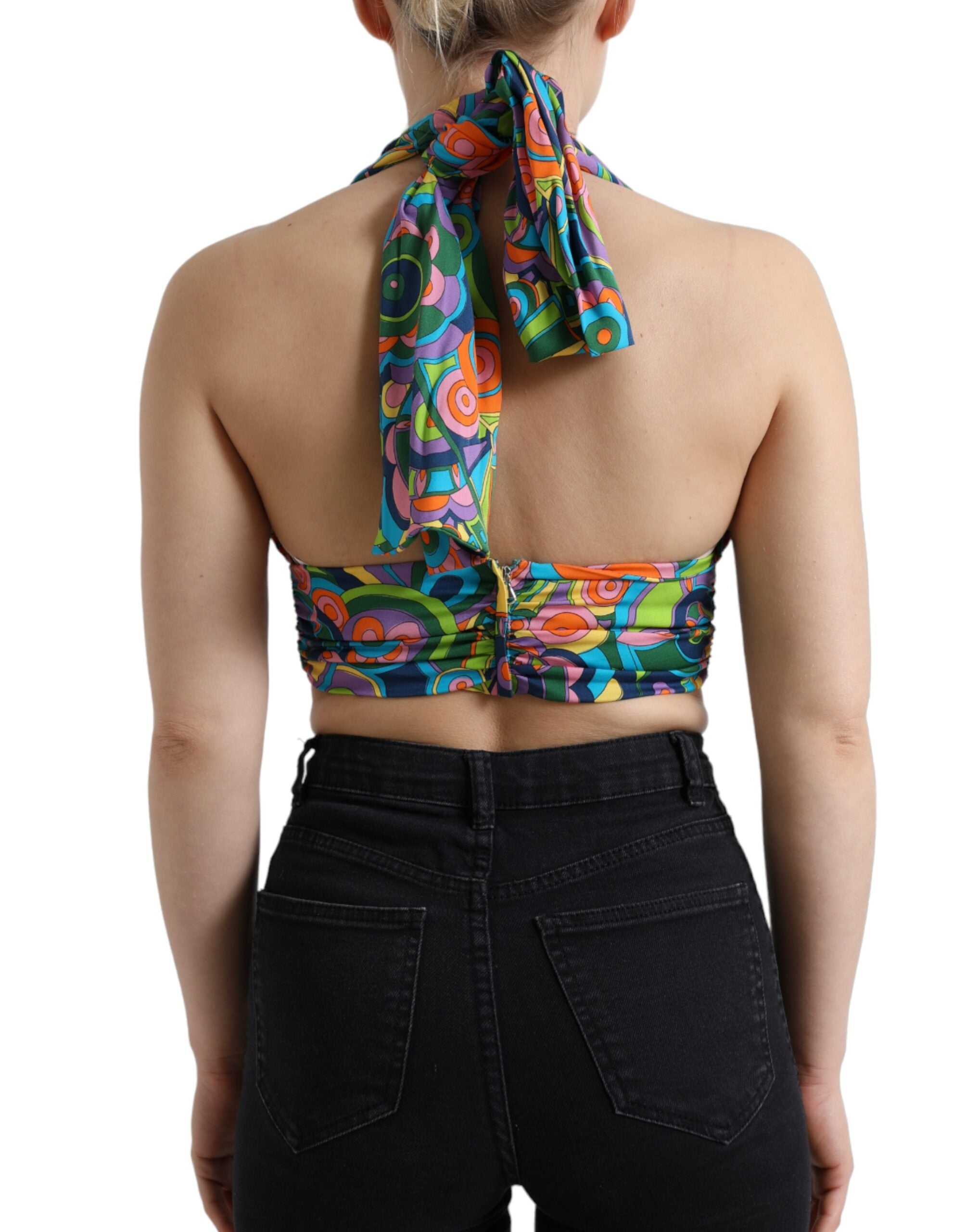 Multicolor Dolce & Gabbana halter sleeveless cropped tank top with vibrant patterns and a stylish fit.