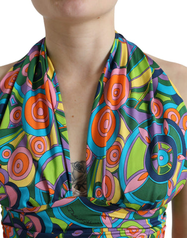Multicolor halter sleeveless cropped tank top by Dolce & Gabbana featuring vibrant pattern and fitted style.