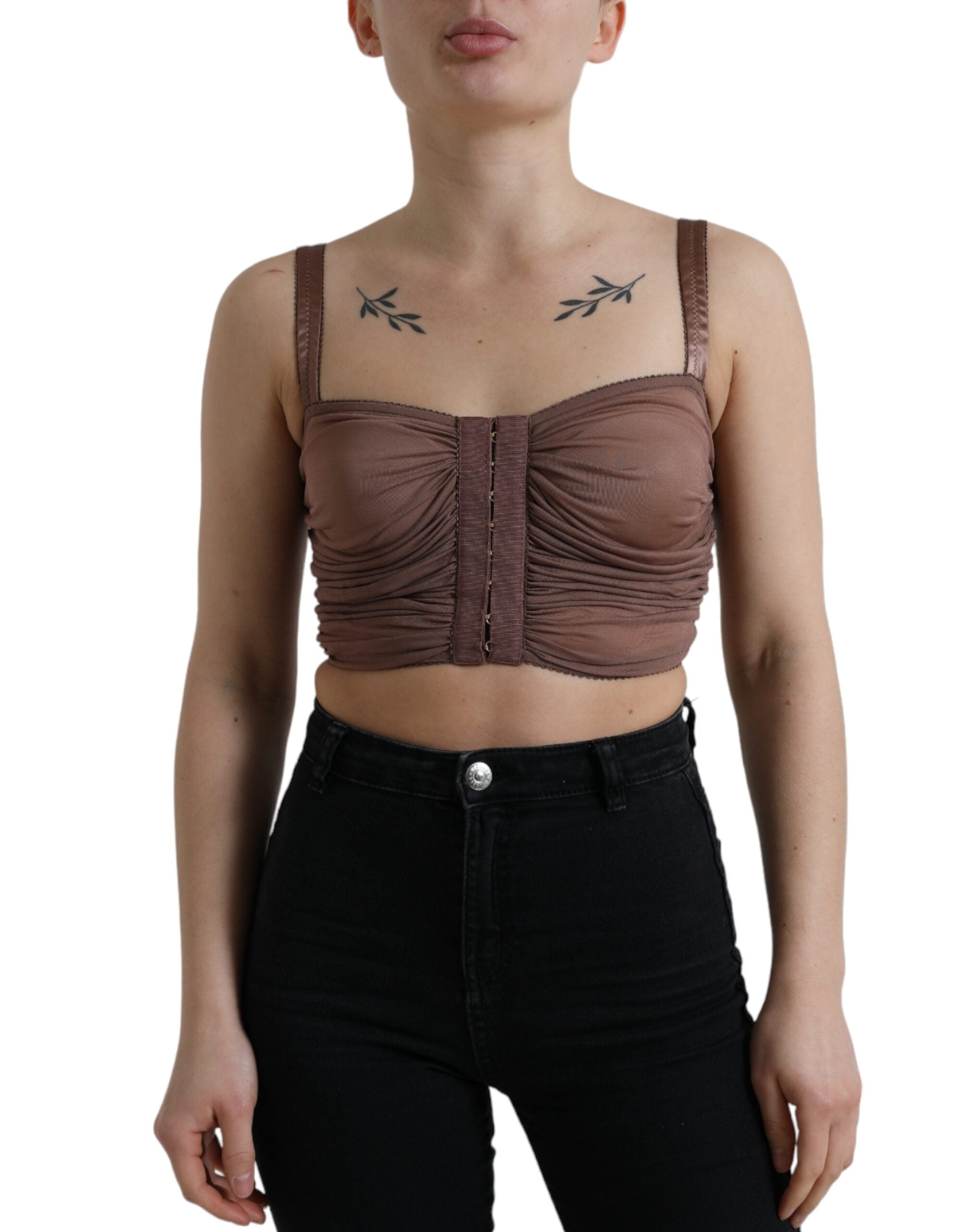 Brown viscose bustier sleeveless cropped top by Dolce & Gabbana displayed on a hanger.