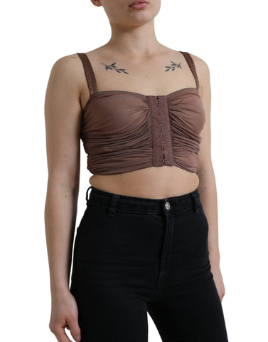 Brown viscose sleeveless bustier cropped top by Dolce & Gabbana, featuring a fitted design and stylish neckline.