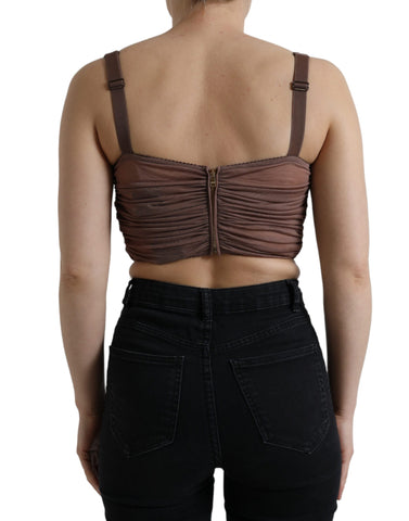 Brown viscose bustier sleeveless cropped top by Dolce & Gabbana, shown with fitted style and subtle detailing.