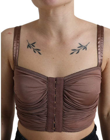 Brown viscose sleeveless bustier cropped top by Dolce & Gabbana, close-up of fitted design and smooth fabric texture.