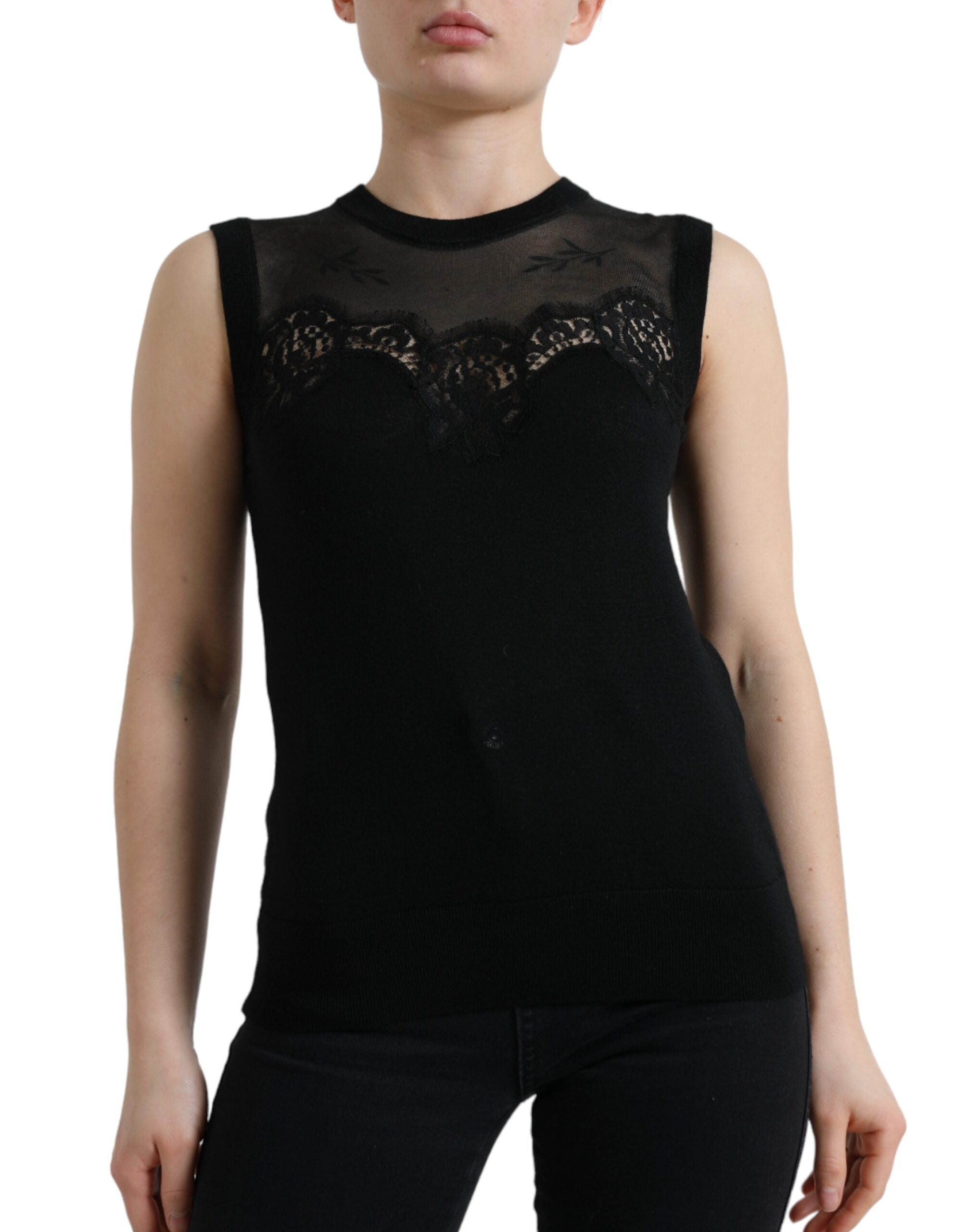 Black cashmere sleeveless tank top with lace trim from Dolce & Gabbana, featuring a soft, luxurious fabric and elegant design.