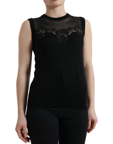 Black cashmere sleeveless tank top with lace trim by Dolce & Gabbana, featuring a smooth fabric and elegant design.
