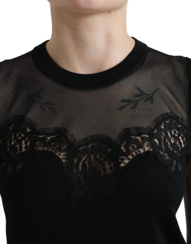 Black Dolce & Gabbana cashmere sleeveless tank top with delicate lace trim, showcasing a soft, luxurious fabric and elegant design.