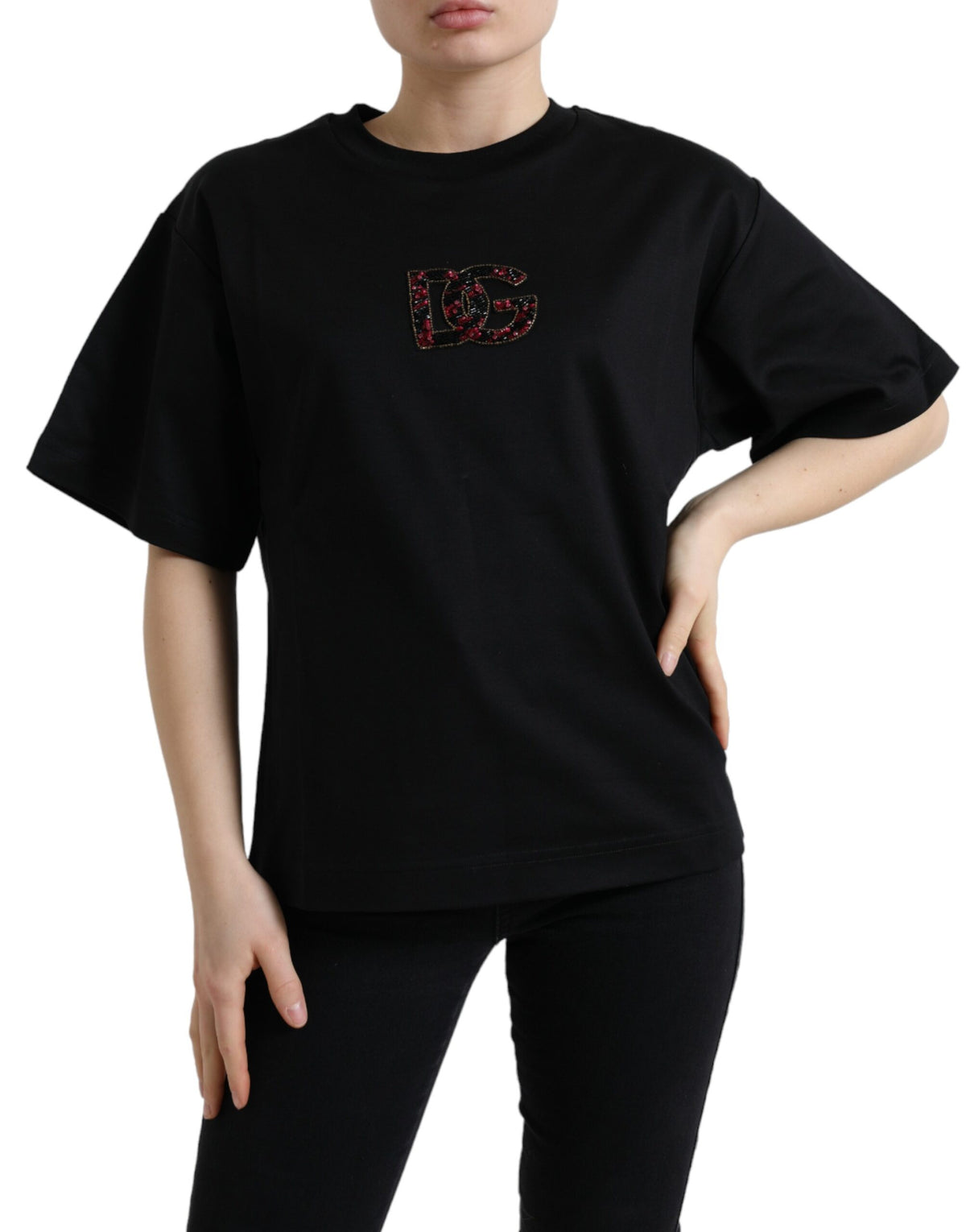 Black cotton crewneck T-shirt by Dolce & Gabbana with crystal embellishments displayed on a plain background.