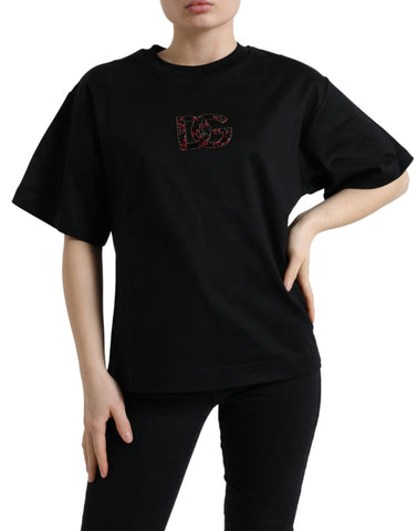 Black cotton crewneck T-shirt by Dolce & Gabbana with crystal embellishments displayed on a plain background.