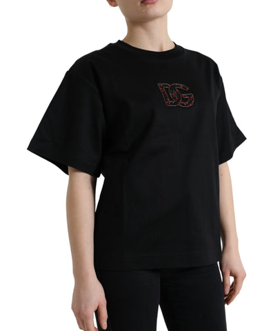 Black cotton Dolce & Gabbana crystal crewneck T-shirt with subtle crystal embellishments, casual and stylish men's graphic tee.